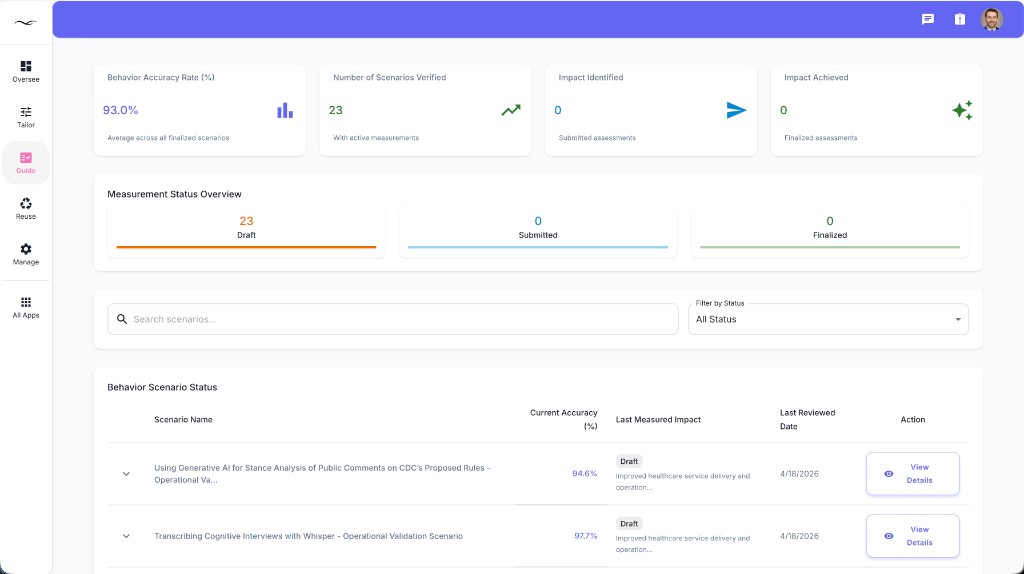 Guide platform interface showing scenario accuracy and measurement workflows