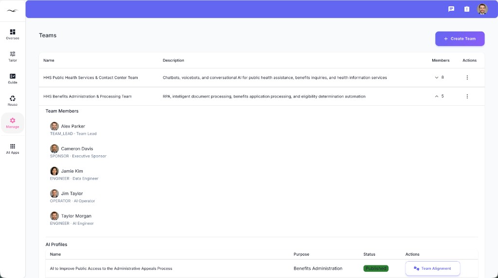 Manage product interface showing team ownership and AI profile coordination